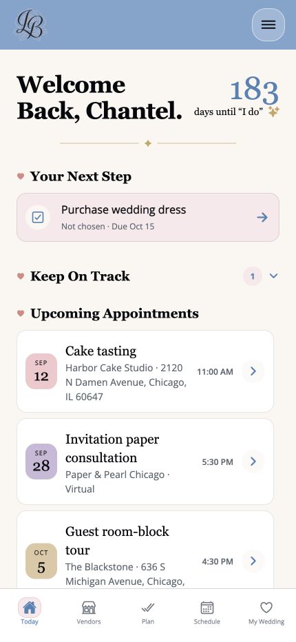 LaBelle Bridal Today page showing wedding planning priorities