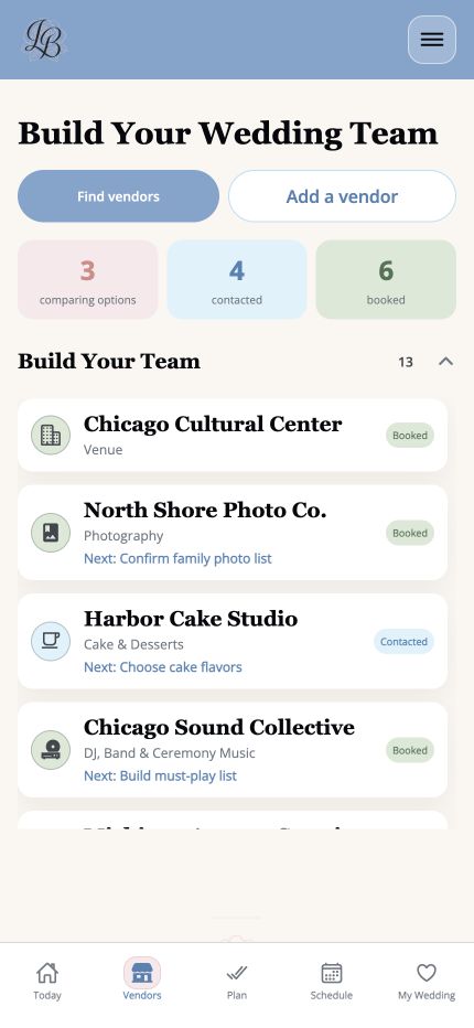 Wedding vendor list organized in LaBelle Bridal