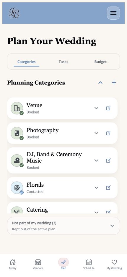 Wedding planning categories organized in LaBelle Bridal