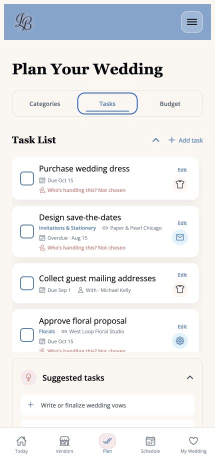 Shared wedding planning task list in LaBelle Bridal
