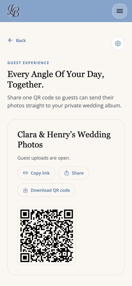LaBelle Bridal wedding guest photo album and QR code displayed on an iPhone
