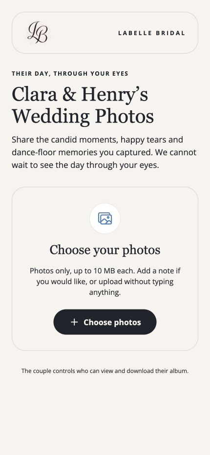 LaBelle Bridal guest wedding photo upload page displayed on an iPhone