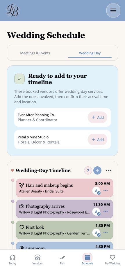 Booked wedding vendors connected to the wedding-day timeline