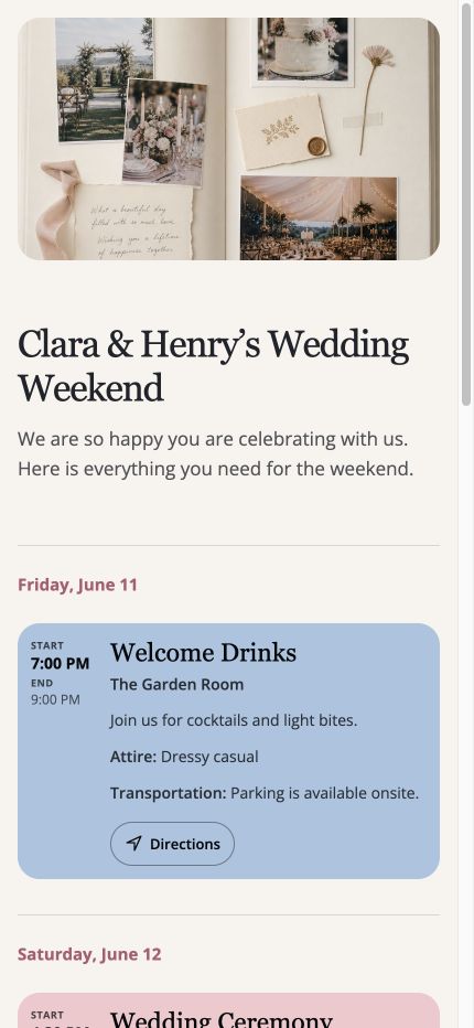 Example guest-facing wedding weekend itinerary with events, location and directions