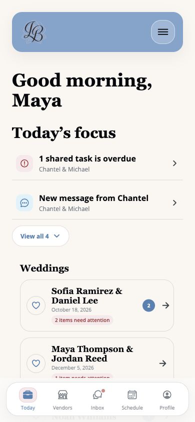 LaBelle Bridal professional workspace showing separate client weddings
